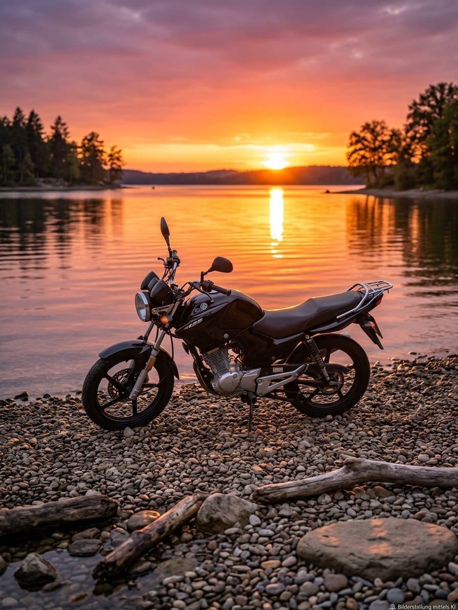 Motorrad am Seeufer bei Sonnenuntergang