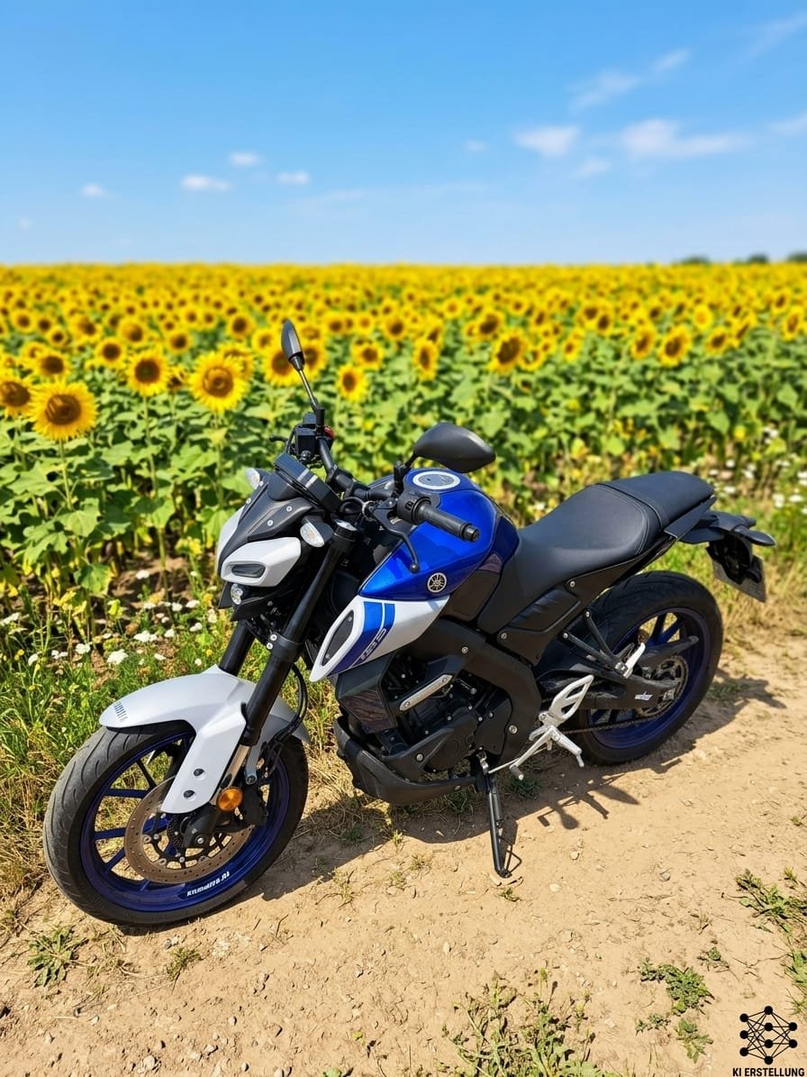 Motorrad vor einem Sonnenblumenfeld